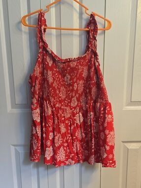 Source Unknown Red Floral Smocked Tank Top with Ruffled Straps